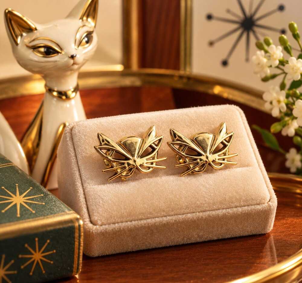 1961 Vintage Cat Earrings | H.C. Co. Gold Tone Screw Back, MCM Novelty Jewelry